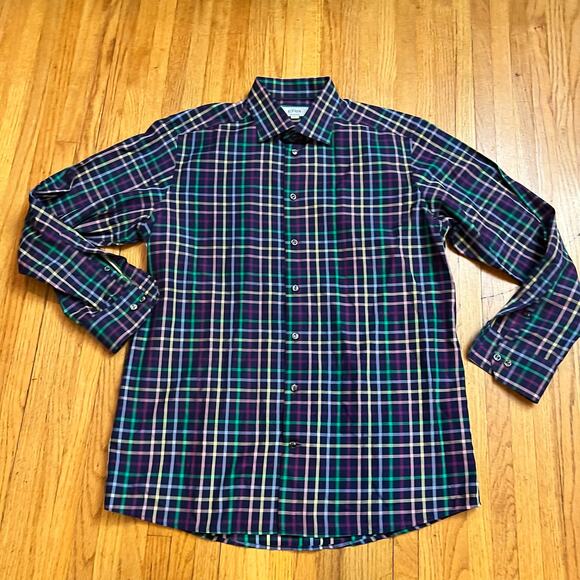ETON Shirt Mens XL 43 17 Blue Pink Green Plaid Contemporary Button Long Sleeve - Picture 1 of 7